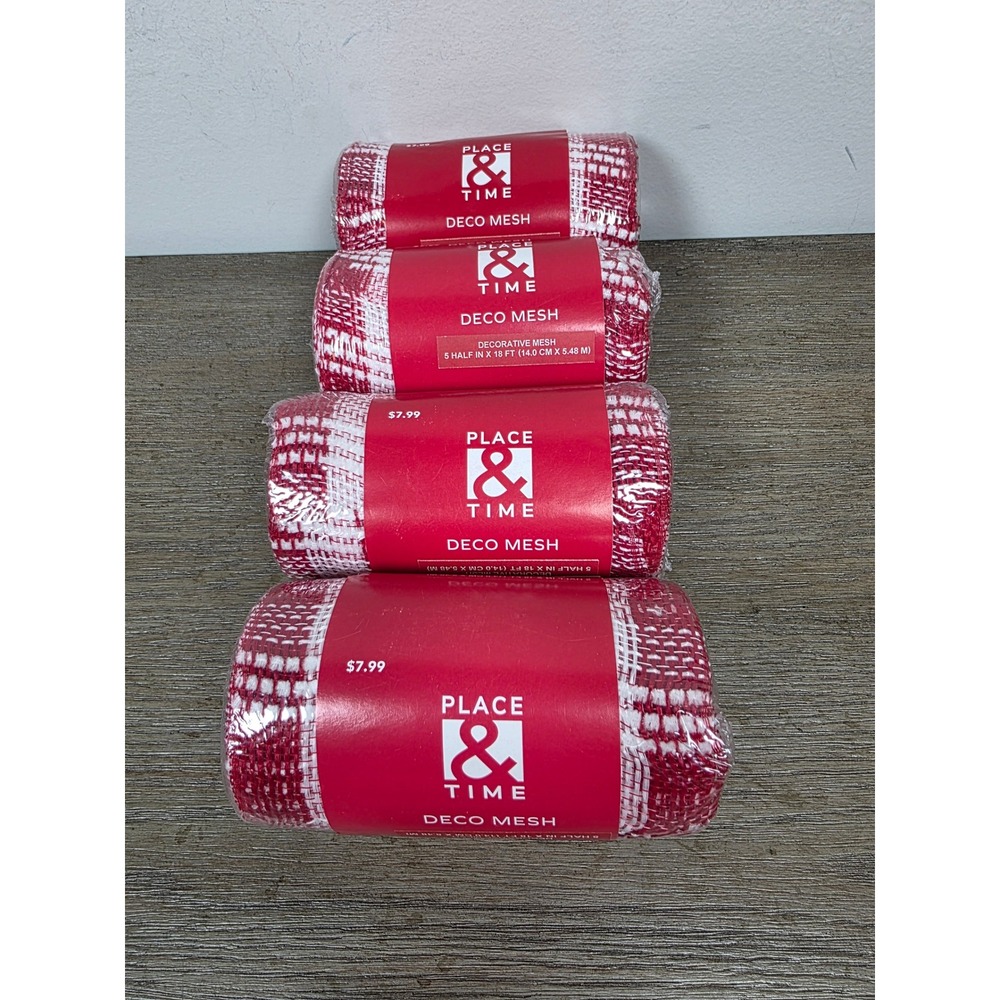 Lot of Four (4) Rolls of Red and White Plaid Deco Mesh by Place & Time NEW
